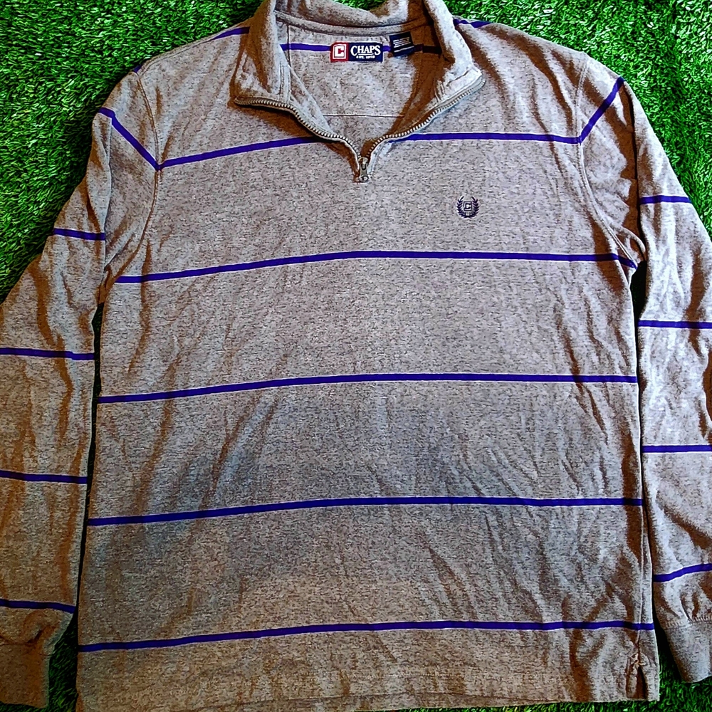 Chaps Gray and Blue Striped Pullover